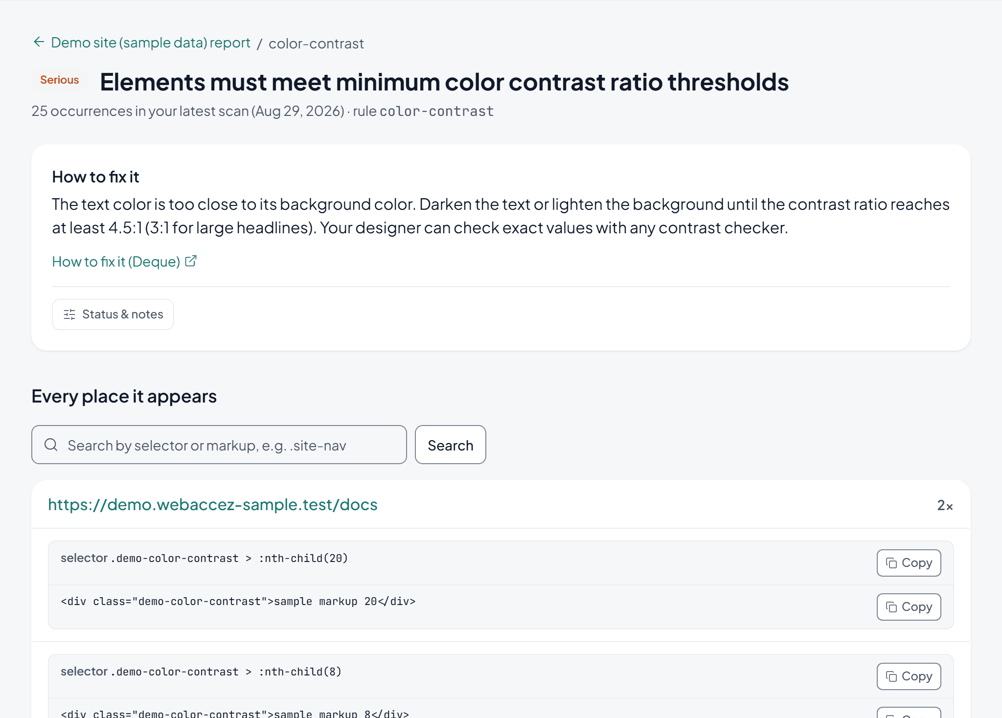 A WebAccez issue page for the colour-contrast rule, marked Serious, with a plain-English “How to fix it” explanation and every page and element where the issue appears.